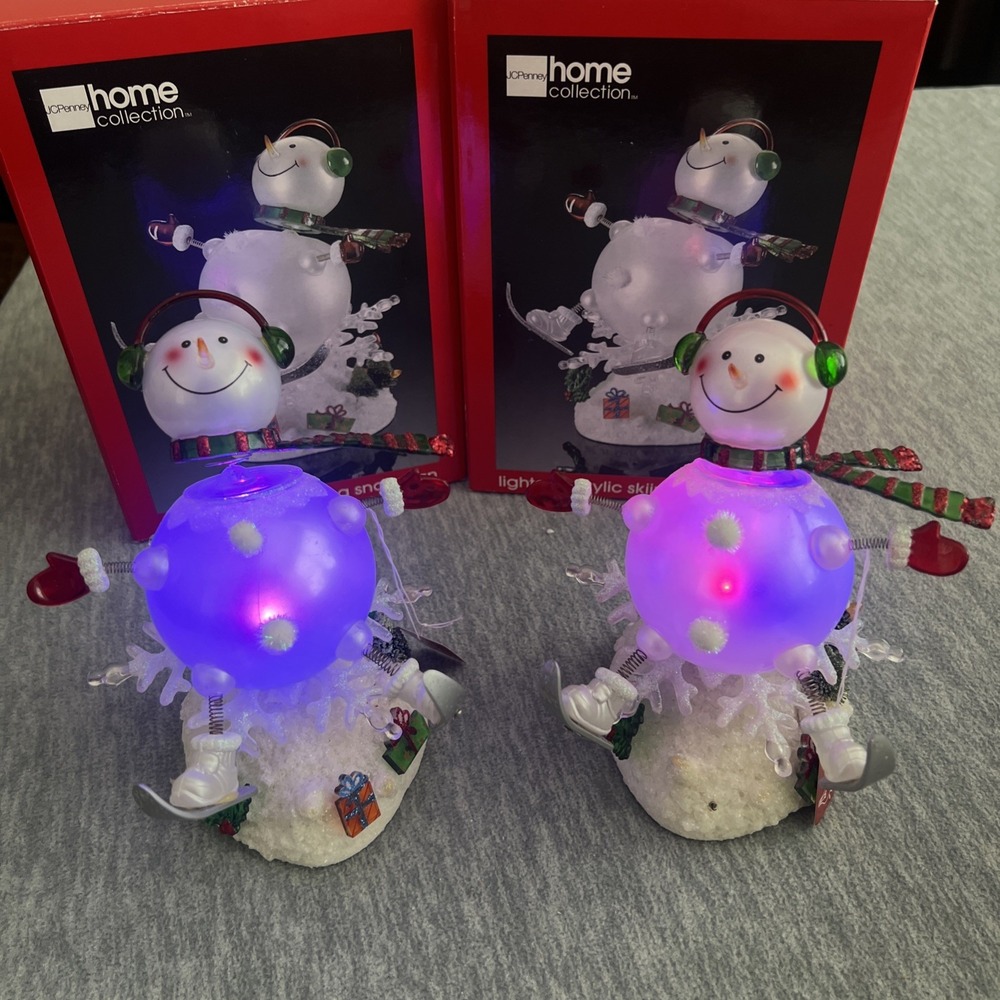 JCPenney Home Lighted Color Changing Acrylic Skiing Snowmen‎ Pair Winter Vintage